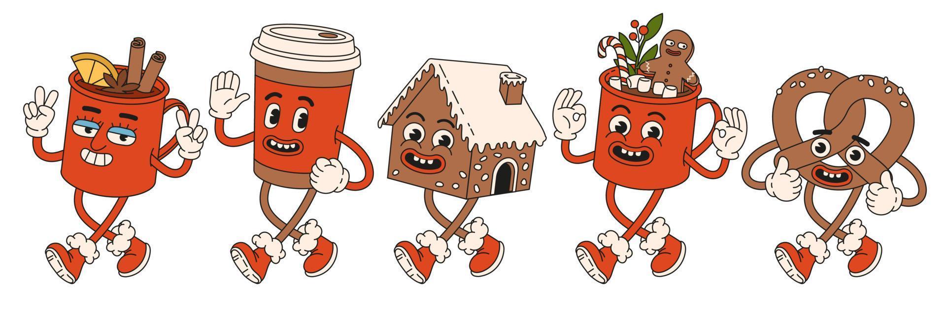 Merry Christmas and Happy New year. Coffee, cocoa, mulled wine, glintwine, pretzel, gingerbread. vector