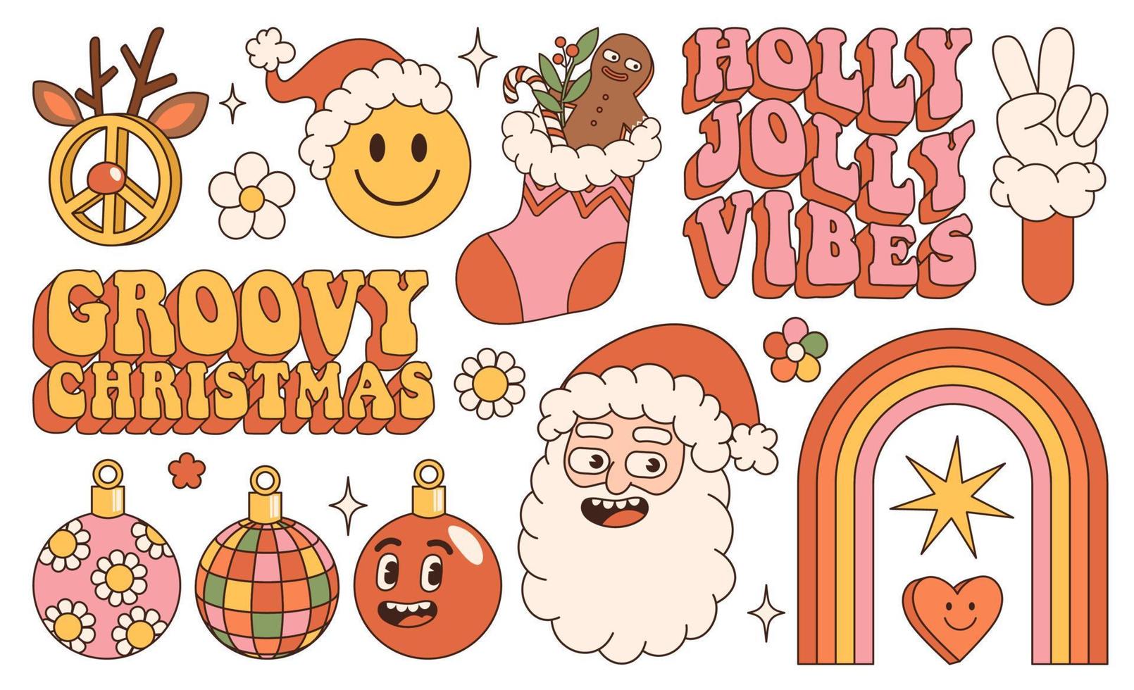 Groovy hippie Christmas stickers. Santa Claus, rainbow, peace, holly