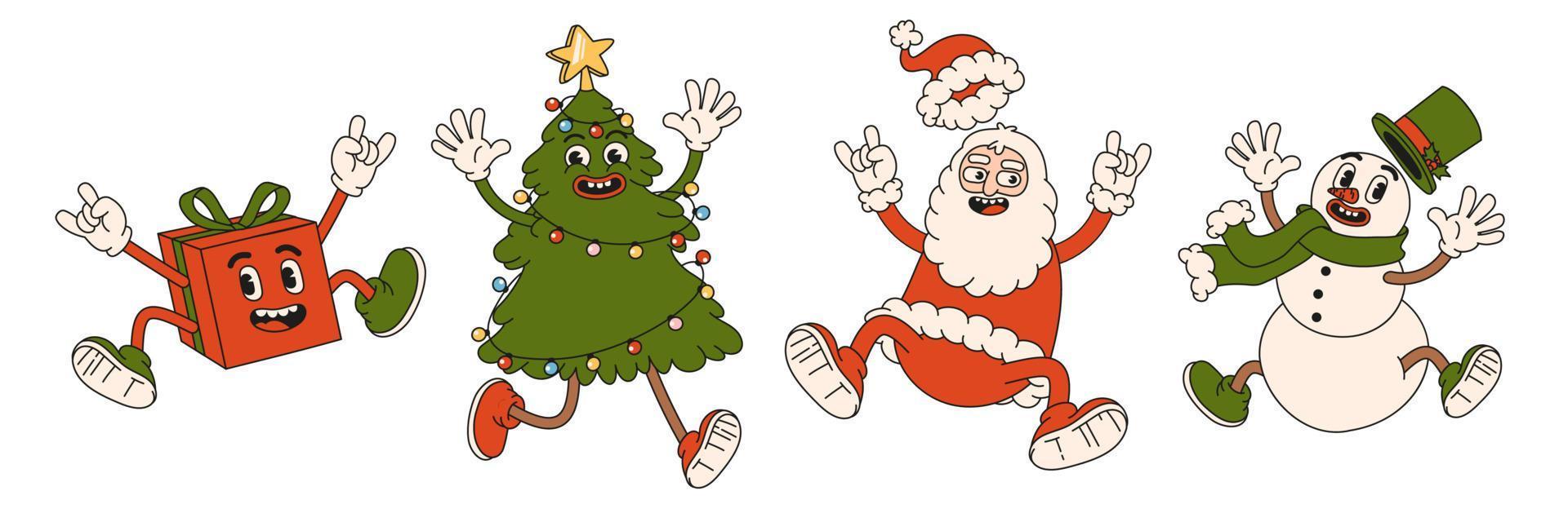 Merry Christmas and Happy New year. Santa Claus, Christmas tree, snowman, gift. vector