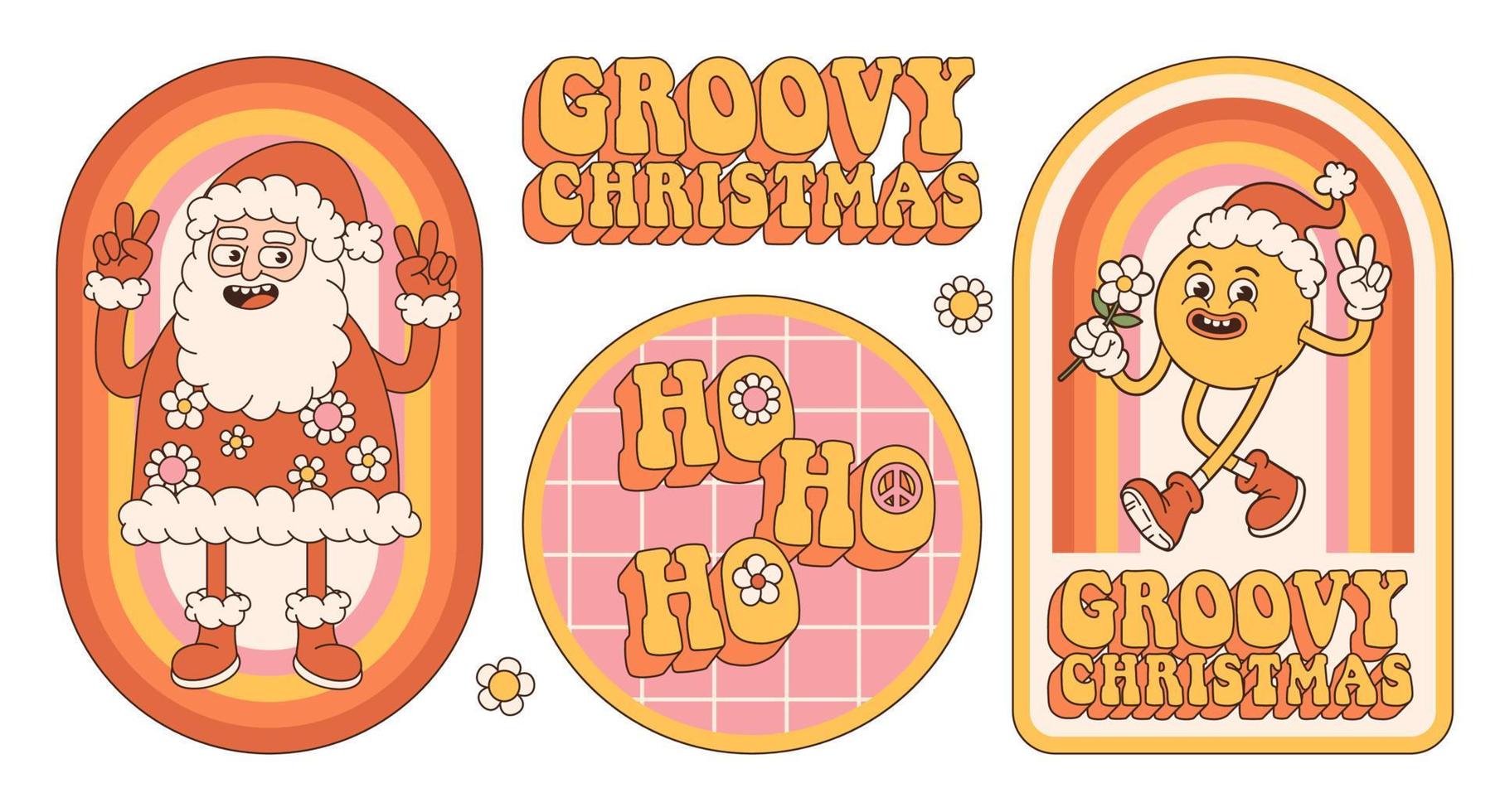 Groovy hippie Christmas stickers. Santa Claus, smile, rainbow in trendy retro cartoon style. vector