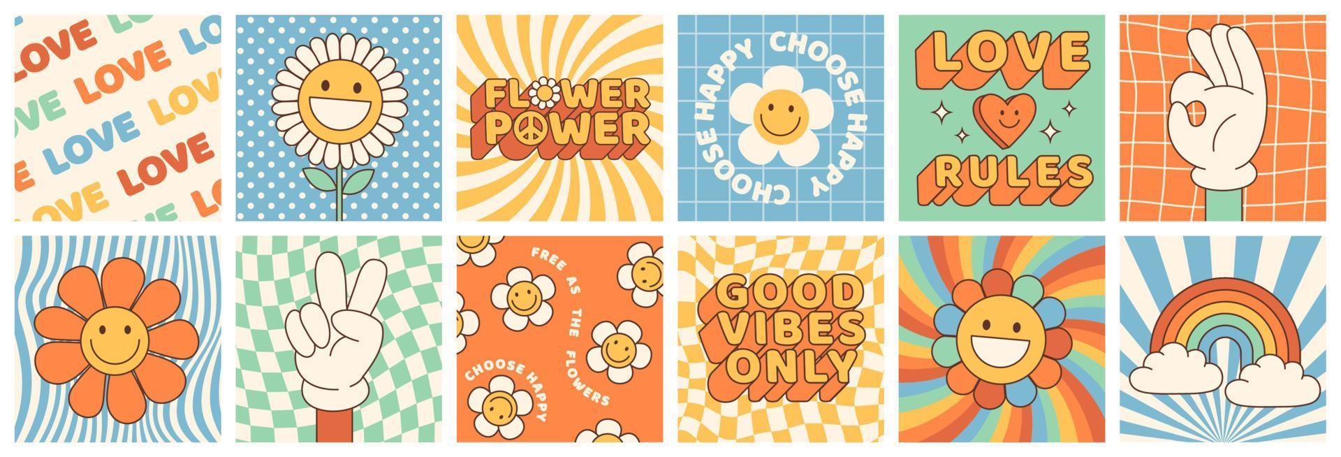 Groovy hippie 70s stickers. Funny cartoon flower, rainbow, peace, heart in retro psychedelic style. vector