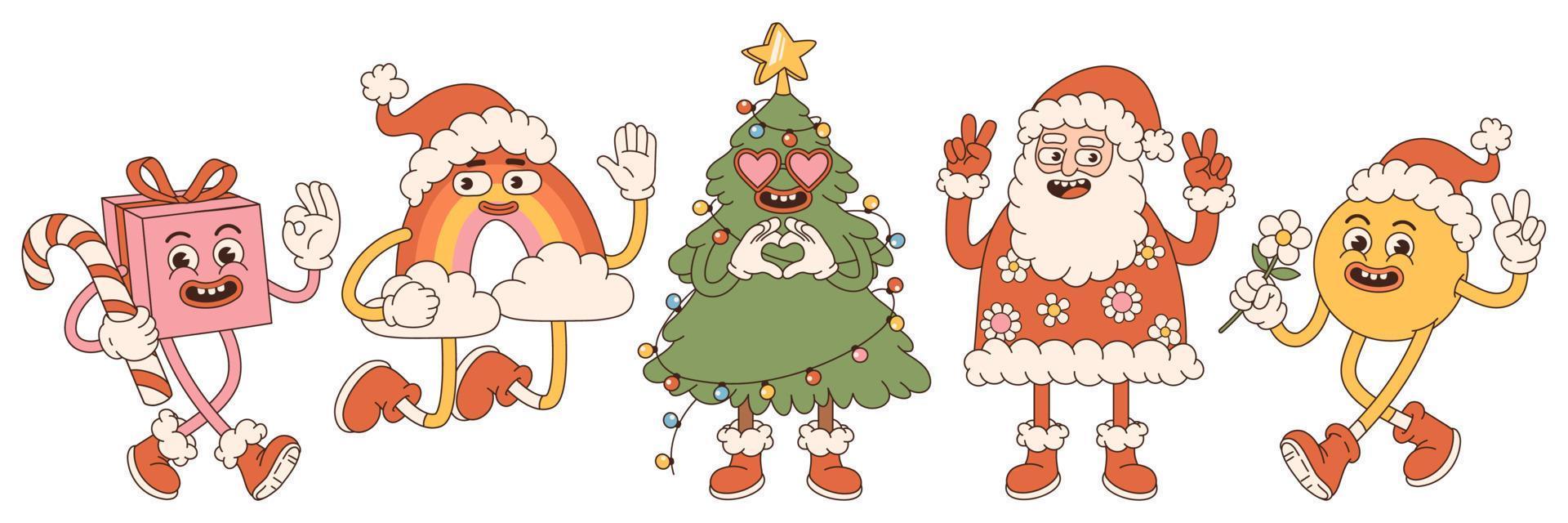 maravillosa navidad hippie. santa claus, árbol de navidad, arco iris, regalo, sonrisa en estilo retro de dibujos animados. vector