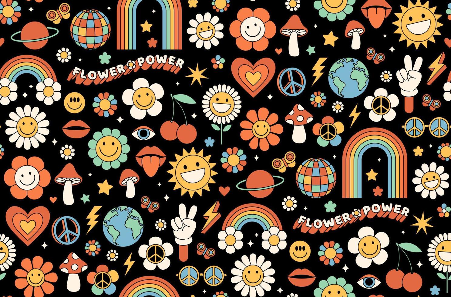 maravilloso fondo hippie de la década de 1970. flor de dibujos animados divertidos, arco iris, paz, amor, corazón, margarita, hongo. vector