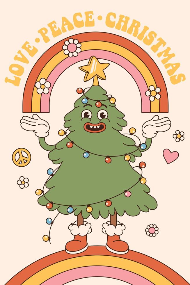 Groovy hippie navidad y feliz año nuevo. arco iris, árbol de navidad en estilo de dibujos animados retro de moda. vector