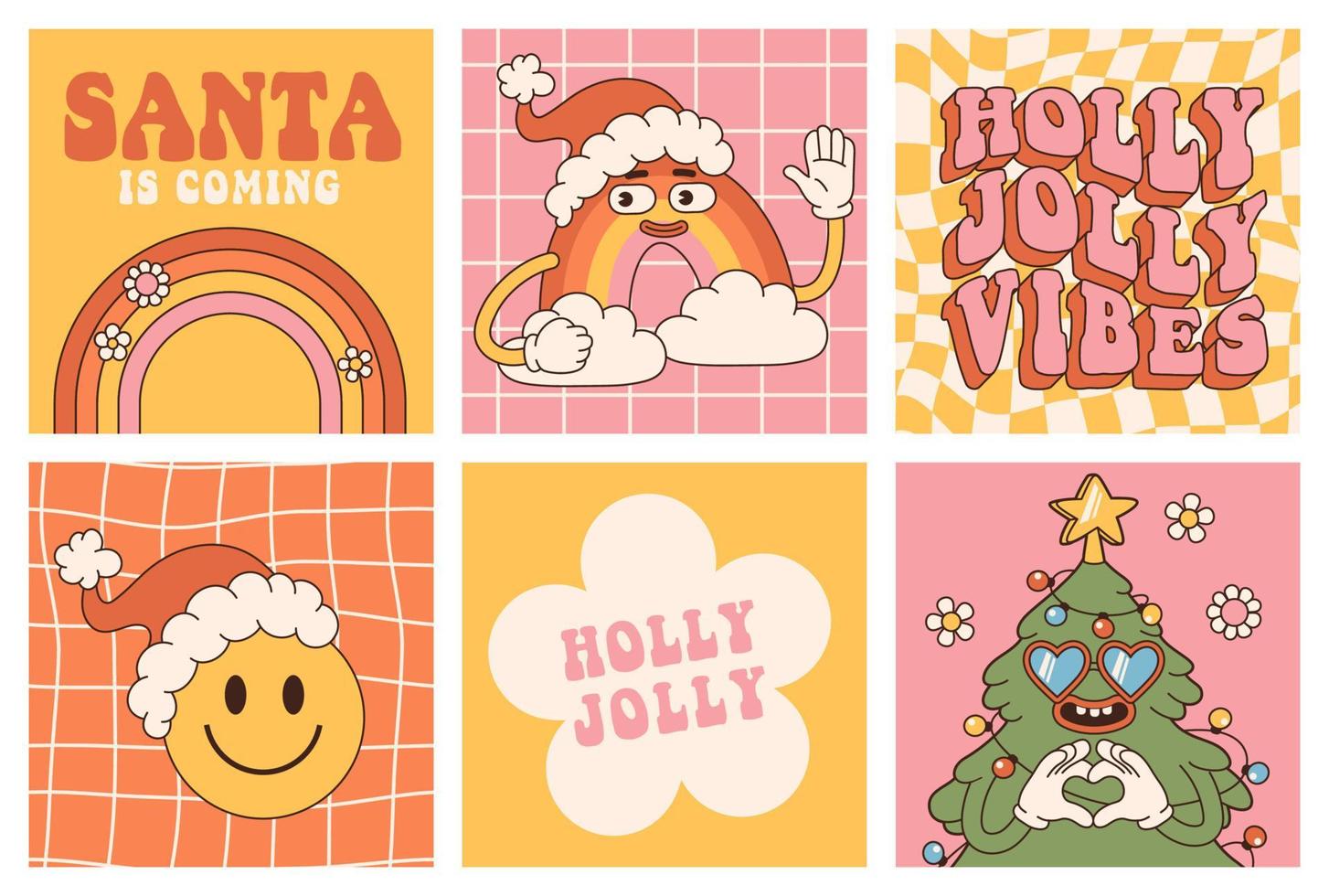 Groovy hippie Christmas stickers. Christmas tree, smile, rainbow in trendy retro cartoon style. vector