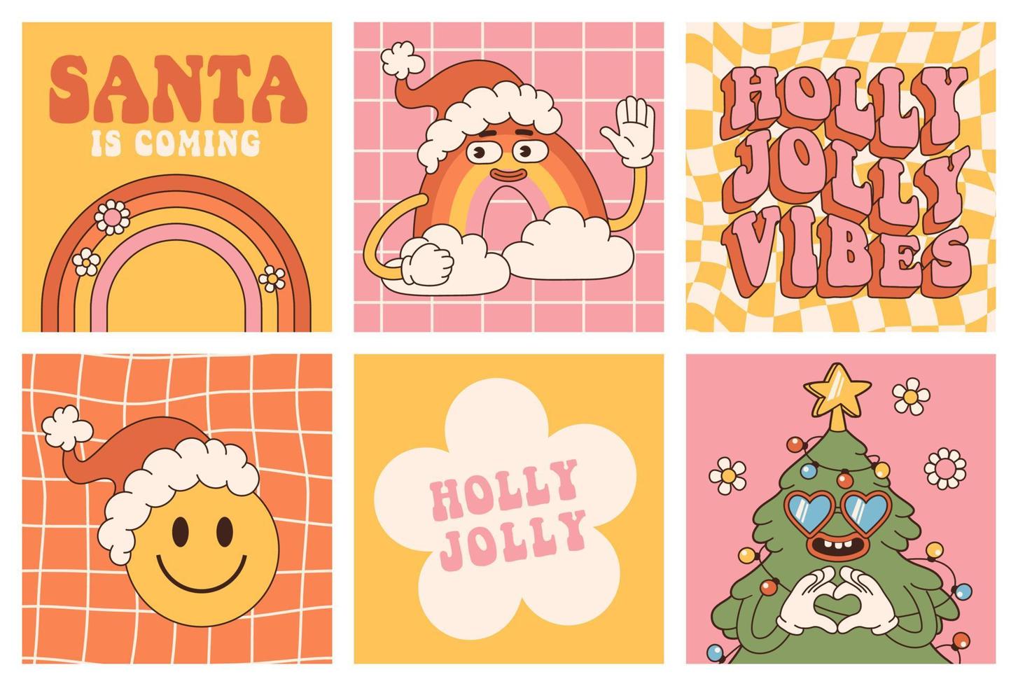 maravillosas pegatinas navideñas hippie. árbol de Navidad, sonrisa, arco iris en estilo de dibujos animados retro de moda. vector