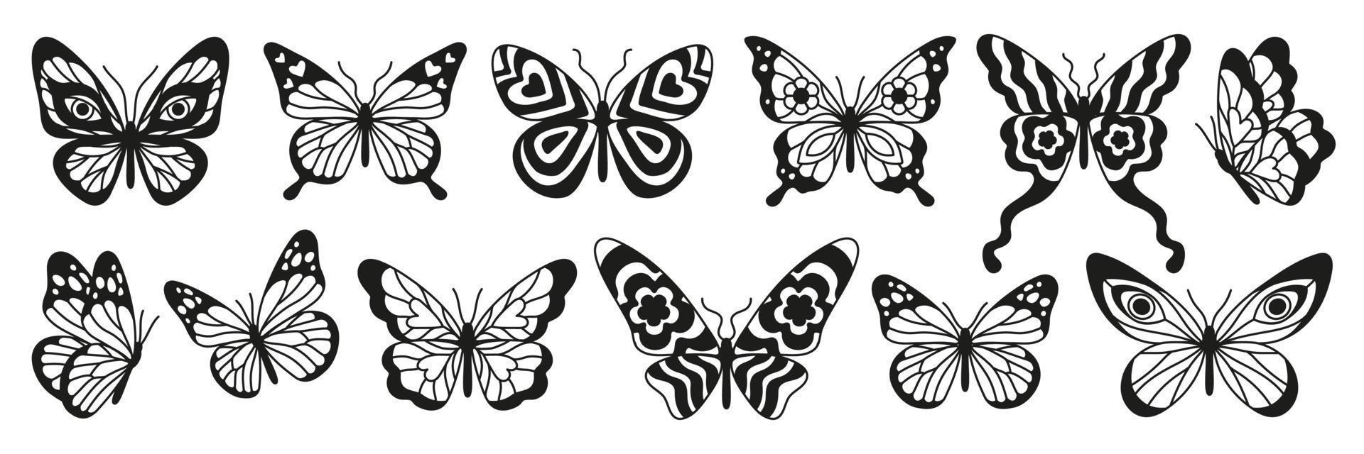 pegatinas de arte de tatuaje de mariposa. bocetos negros. ilustración dibujada a mano vectorial, silueta de mariposa. vector