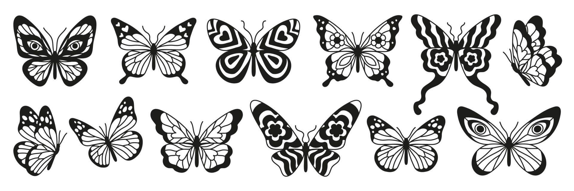 Butterfly tattoo art stickers. Black sketches. Vector hand drawn ...