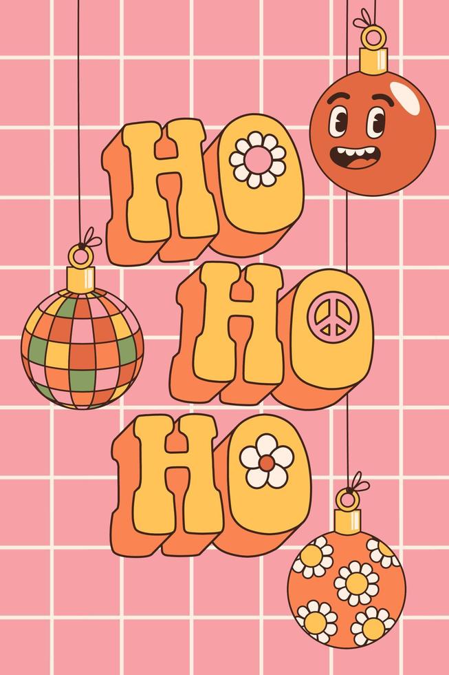 Groovy hippie Christmas. Ho ho ho in trendy retro cartoon style. Merry Christmas and Happy New year. vector