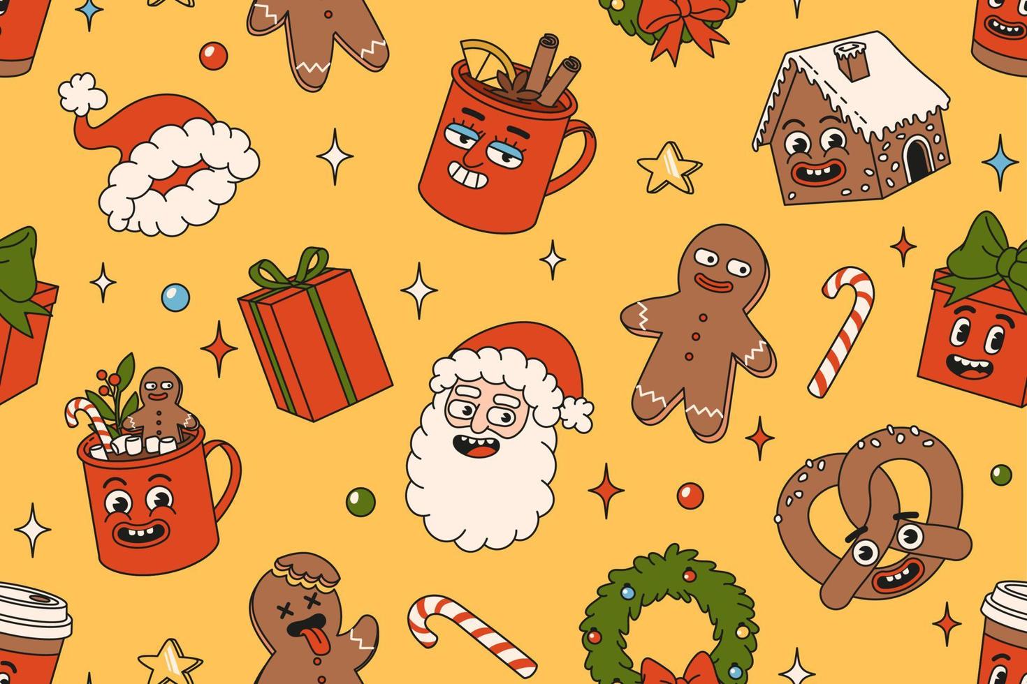 feliz navidad y feliz año nuevo de patrones sin fisuras. santa claus, regalos, cacao, café, pan de jengibre. vector