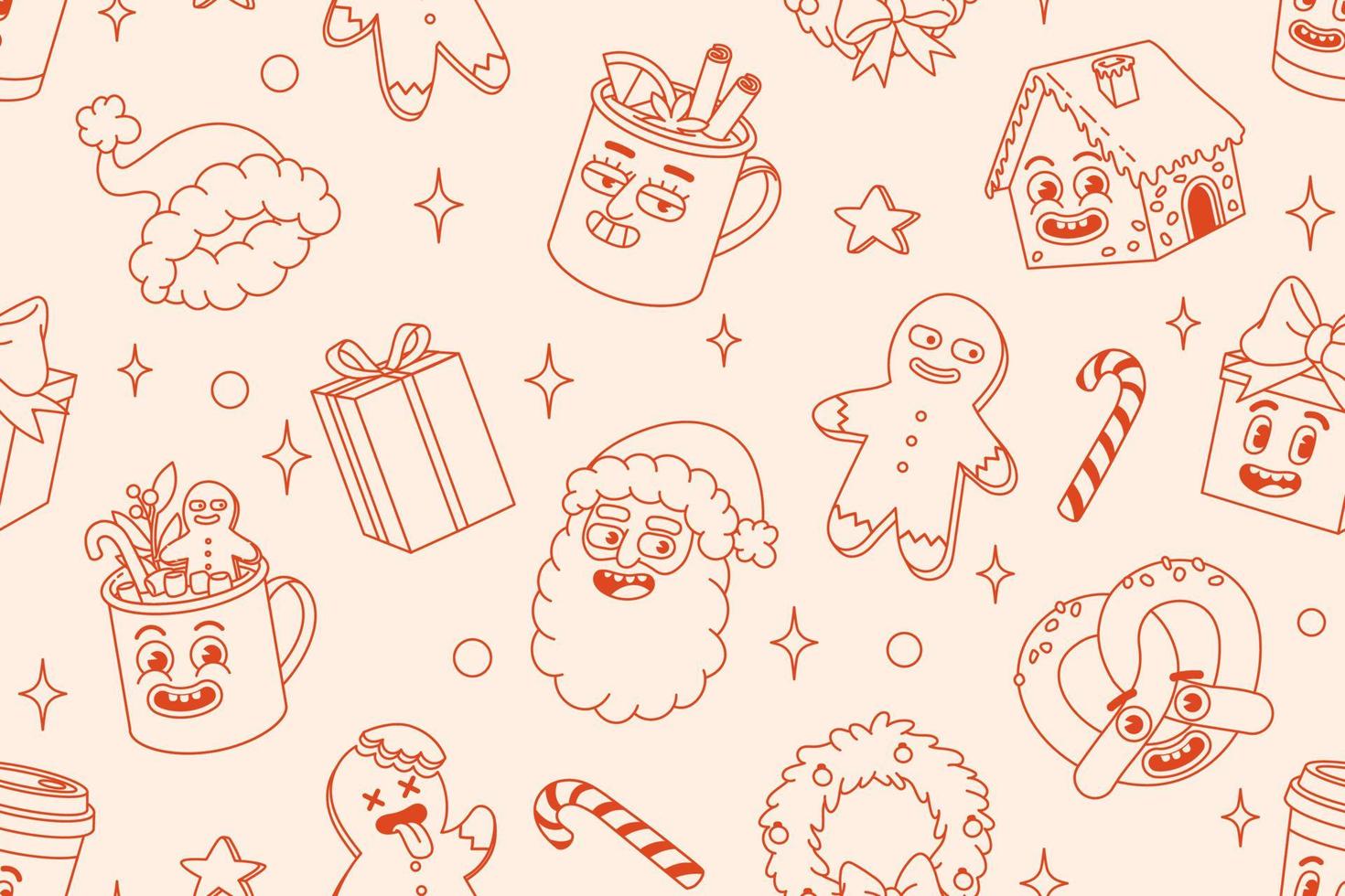 Merry Christmas and Happy New year seamless pattern. Santa Claus, gifts, cocoa, coffee, gingerbread. vector
