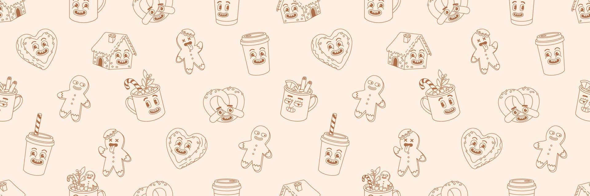 Christmas market street foods and drinks seamless pattern in trendy retro cartoon style. vector
