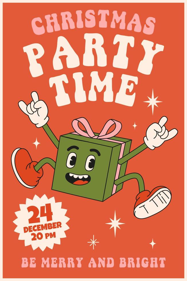 Merry Christmas and Happy New year. Party time, gift in trendy retro cartoon style. vector