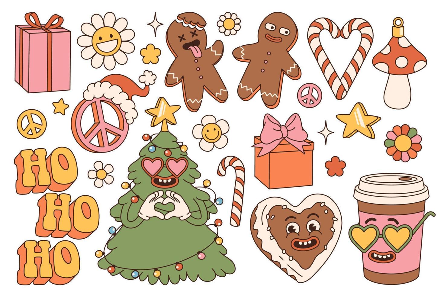 maravillosas pegatinas navideñas hippie. árbol de navidad, regalos, paz, ho ho ho, café, pan de jengibre. vector