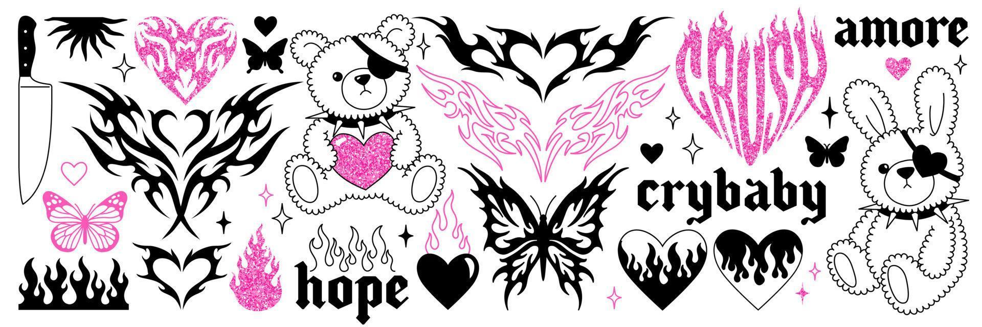 Y2k glamour pink stickers in trendy emo goth 2000s style. Butterfly, kawaii bear, flame, heart etc. vector