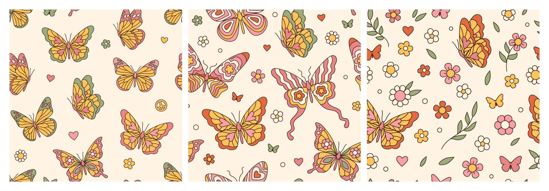 Groovy butterfly, daisy, flower. Hippie 60s 70s seamless patterns in trendy retro style. vector