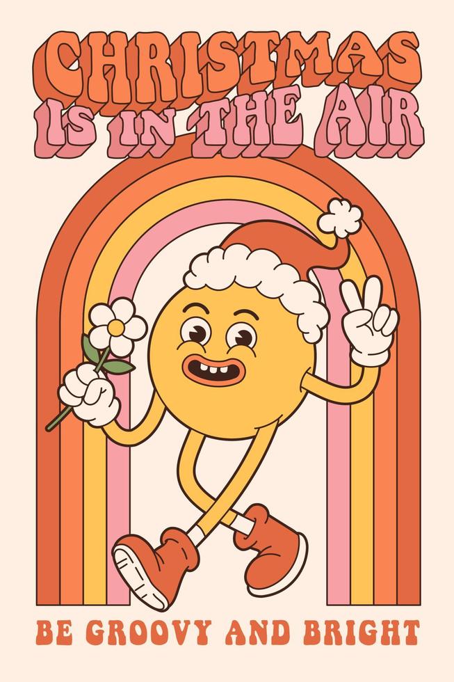 Groovy hippie navidad y feliz año nuevo. arco iris, personaje de sonrisa en estilo de dibujos animados retro de moda. vector