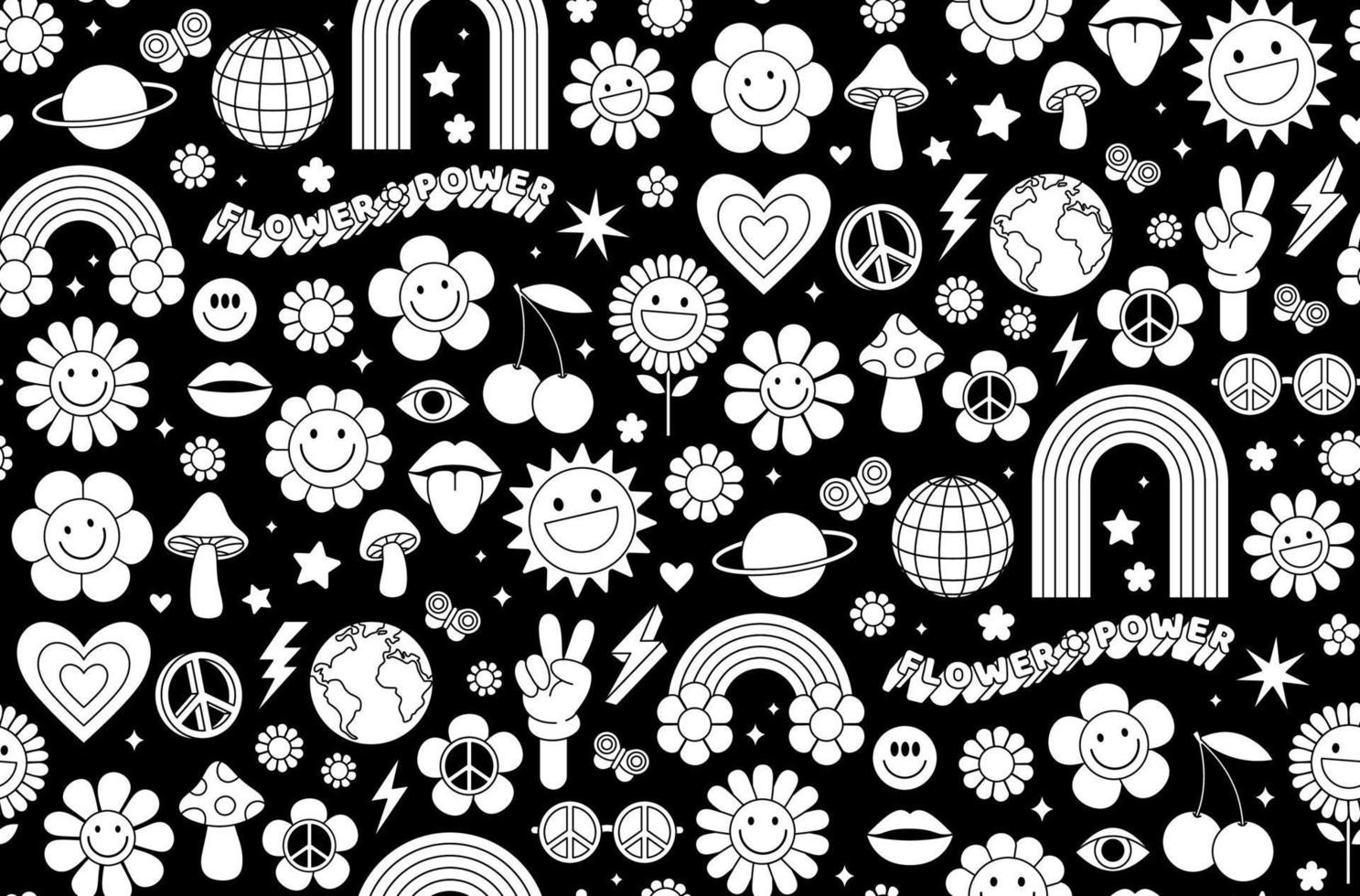Groovy hippie 1970s background. Funny cartoon flower, rainbow, peace, Love, heart, daisy, mushroom. vector