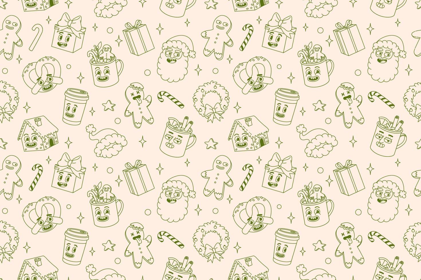 Merry Christmas and Happy New year seamless pattern. Santa Claus, gifts, cocoa, coffee, gingerbread. vector