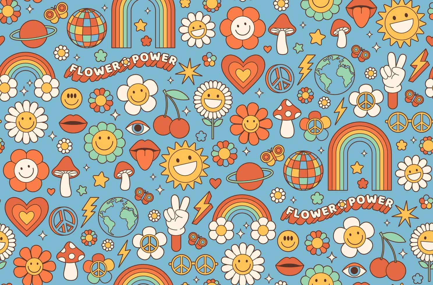 maravilloso fondo hippie de la década de 1970. flor de dibujos animados divertidos, arco iris, paz, amor, corazón, margarita, hongo. vector