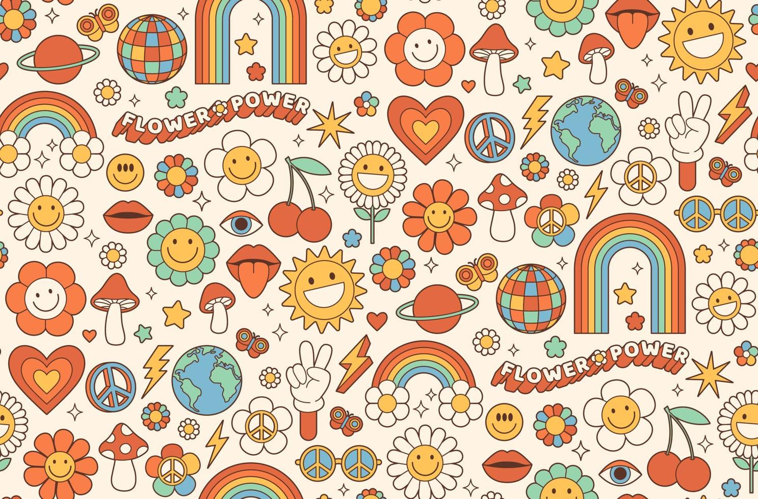 maravilloso fondo hippie de la década de 1970. flor de dibujos animados divertidos, arco iris, paz, amor, corazón, margarita, hongo. vector