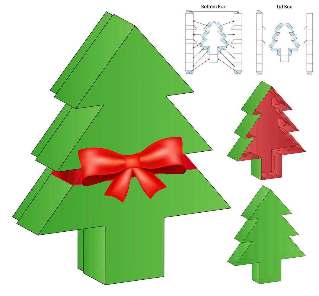 diseño de plantilla troquelada de embalaje de caja de árbol de navidad. maqueta 3d vector