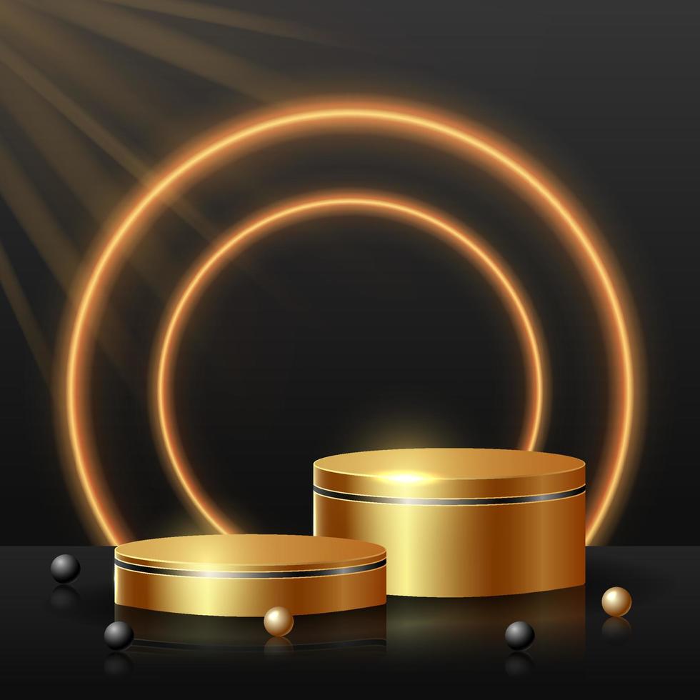 Gold podium with Glowing neon yellow circle with sparkles. Empty platform base stand with round product frame. Vector illustration