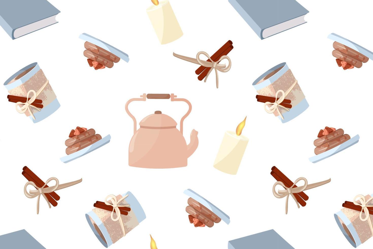Cute and cozy seamless pattern of objects for relaxing, reading, tea drinking, autumn season in the style of hugge vector