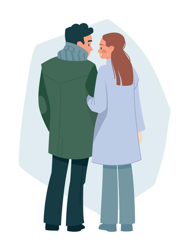 The lovers walk hand in hand. Man and woman in winter clothes from the back. Romance. Vector image.