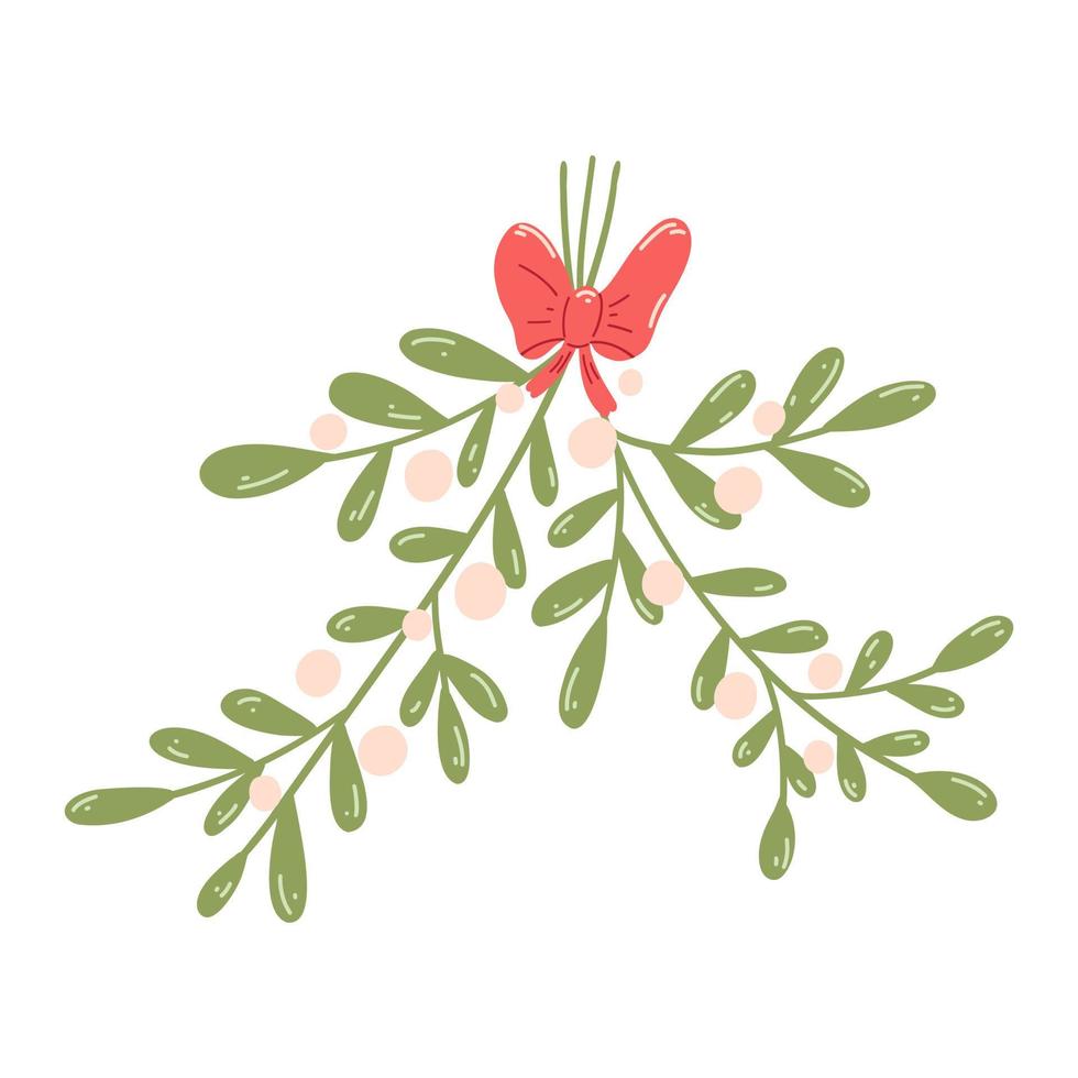 Mistletoe in cartoon flat style. Hand drawn vector illustration of Christmas decorative design elements