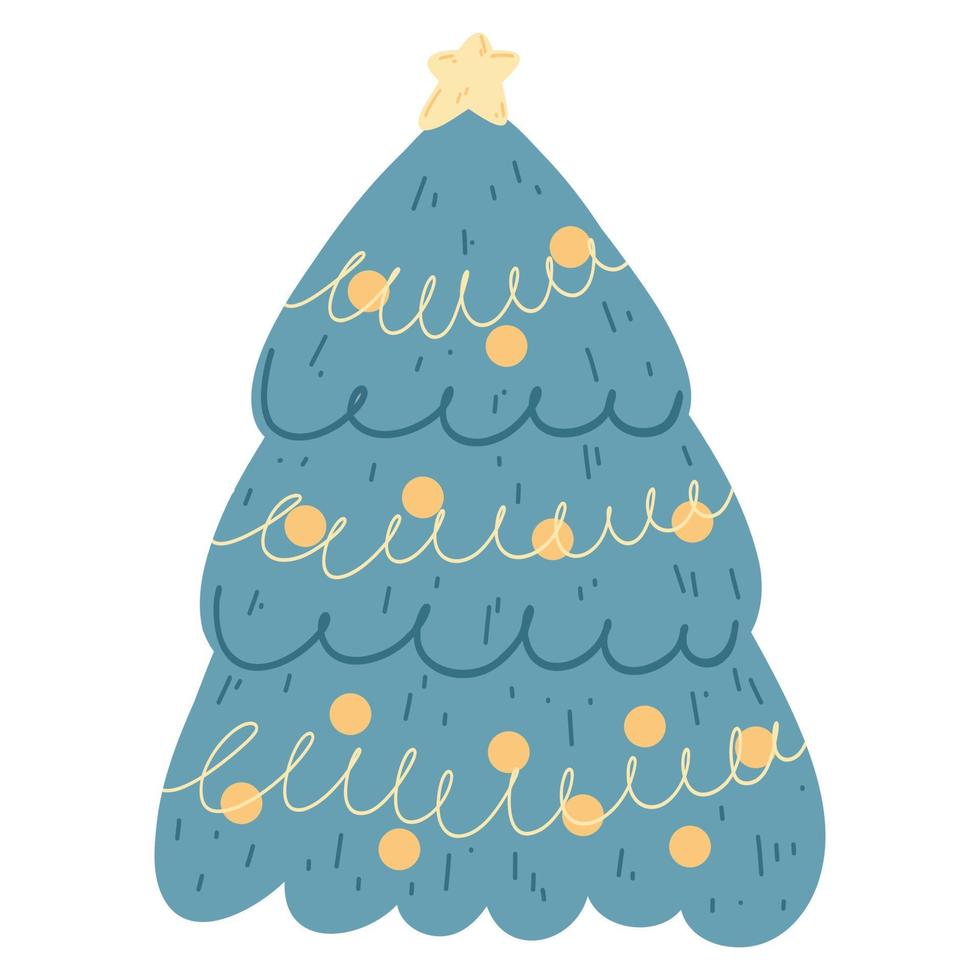 árbol de navidad en estilo plano de dibujos animados. ilustración vectorial dibujada a mano del árbol de hoja perenne con decoraciones y guirnaldas. concepto de celebración de navidad y año nuevo vector