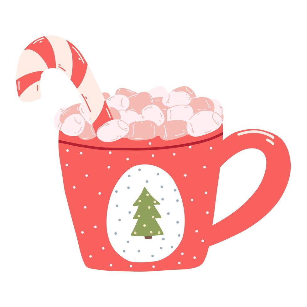 Cute mug with marshmallows and candy cane in cartoon style. Hand drawn vector illustration of red cup with Christmas tree, hot drink
