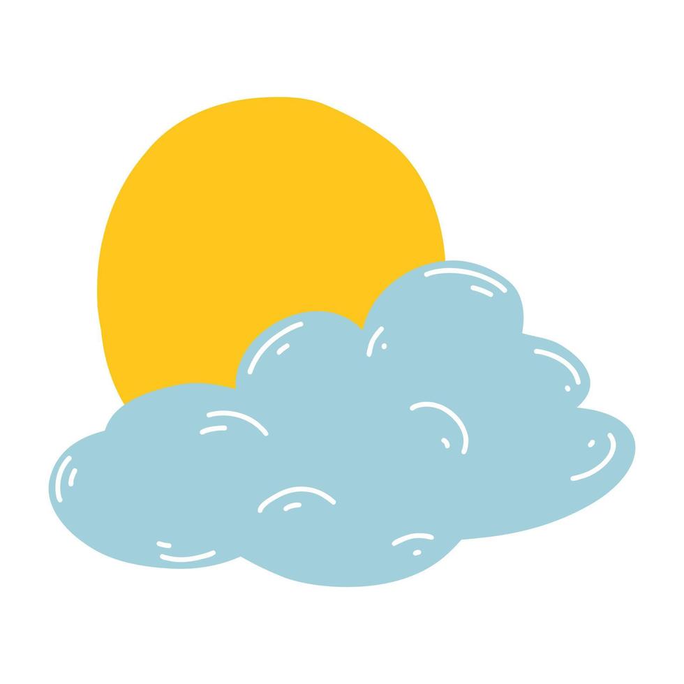 Cartoon hand drawn cloud and sun. Vector illustration of weather forecast, natural phenomena in childish style