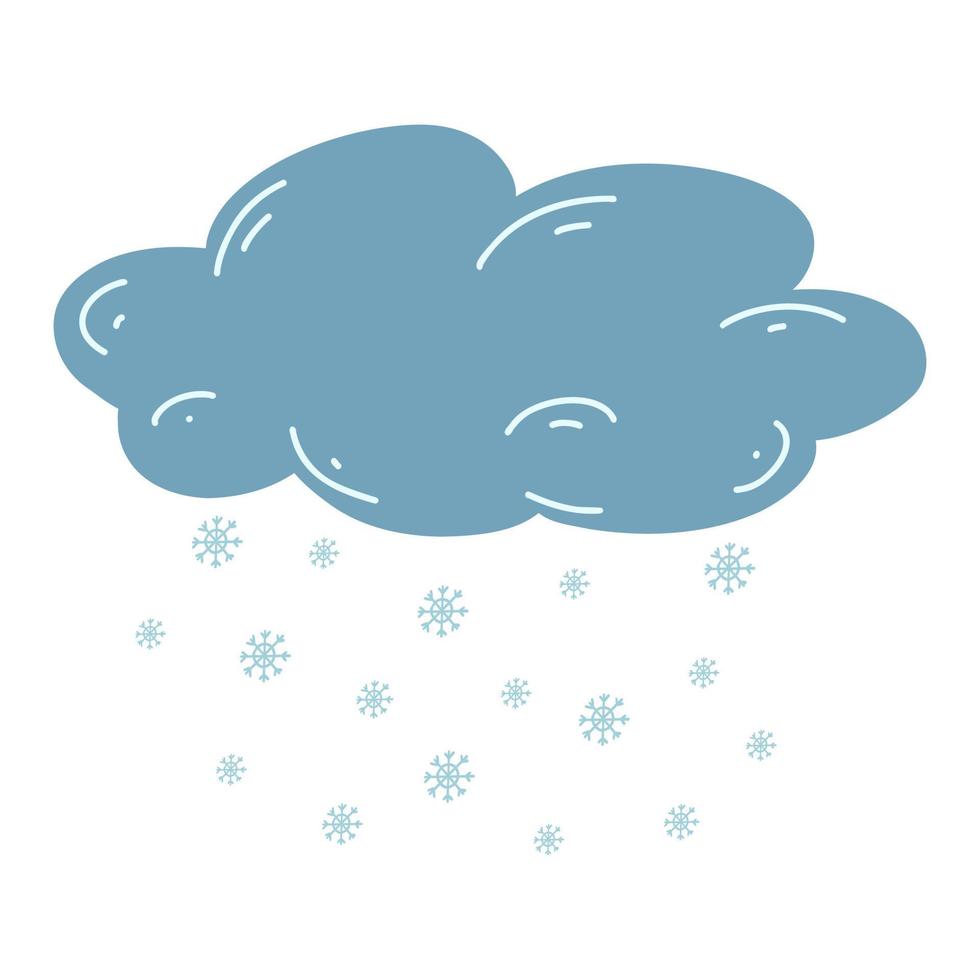 Cartoon hand drawn cloud with snow. Vector illustration of weather forecast, natural phenomena icons in childish style