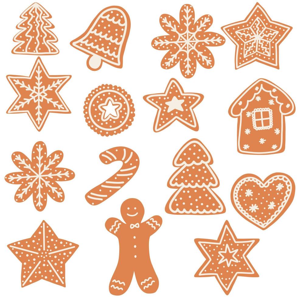 galletas de jengibre navideñas al estilo de las caricaturas. ilustración vectorial dibujada a mano de comida de vacaciones de invierno. árbol de galletas, campana, hombre, casa, corazón, copo de nieve, estrella vector