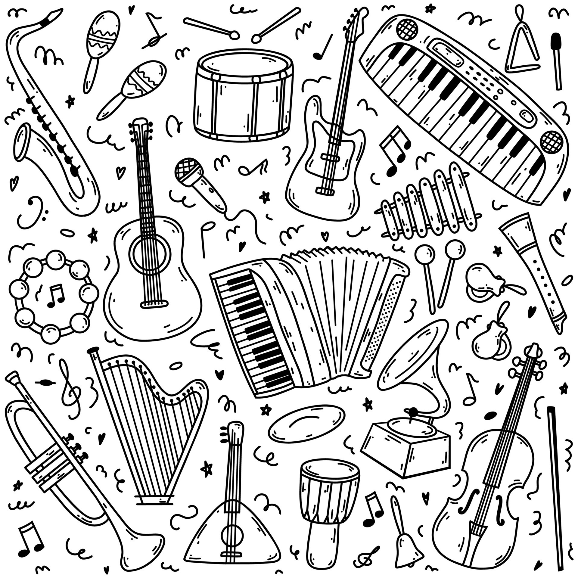 Hand drawn doodle musical instruments. Vector sketch illustration set