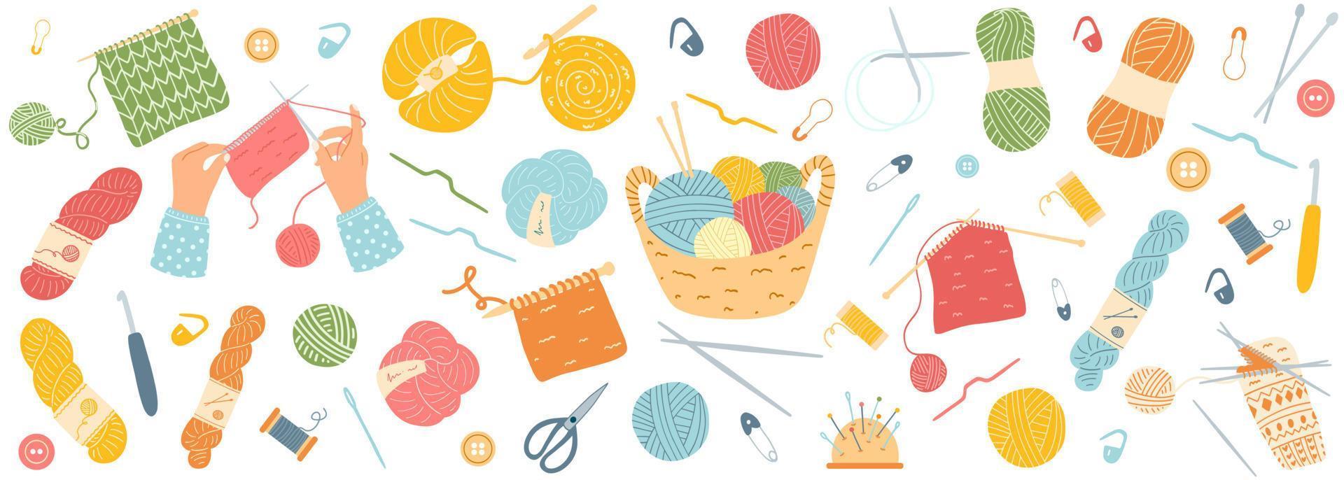 Hand drawn set of knitting accessories. Vector illustration of yarn, pins, buttons, thread, needles, crochet, spool, pincushion, scissors. Concept of hobby, leisure time