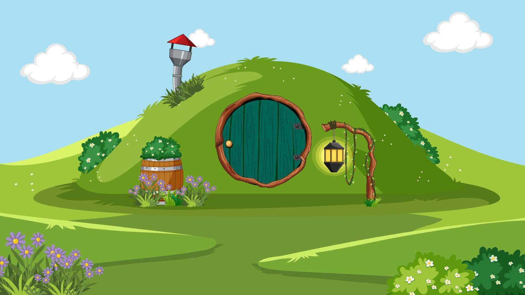 fondo de casa hobbit de fantasía vector