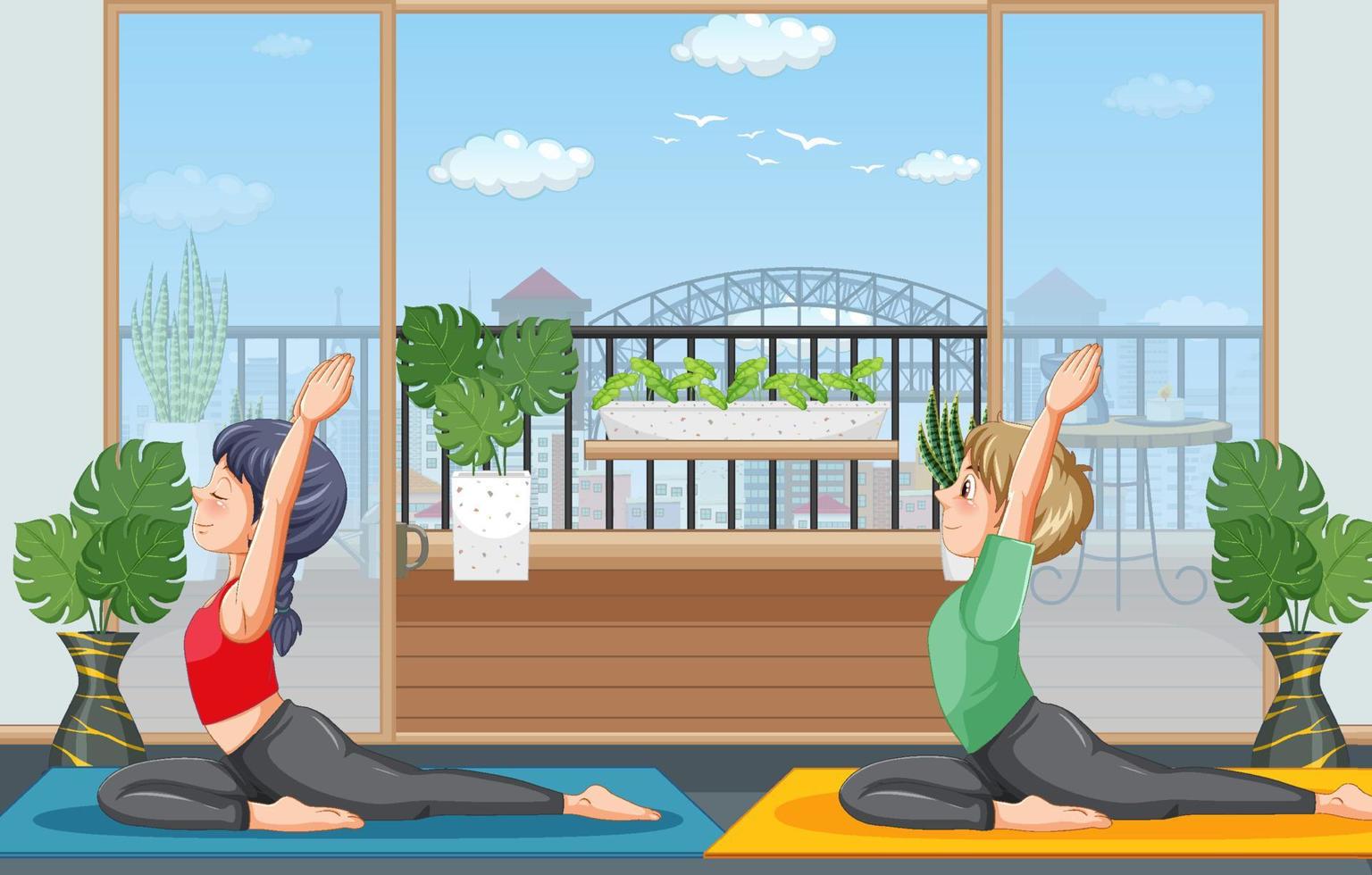 Couple doing yoga at home vector