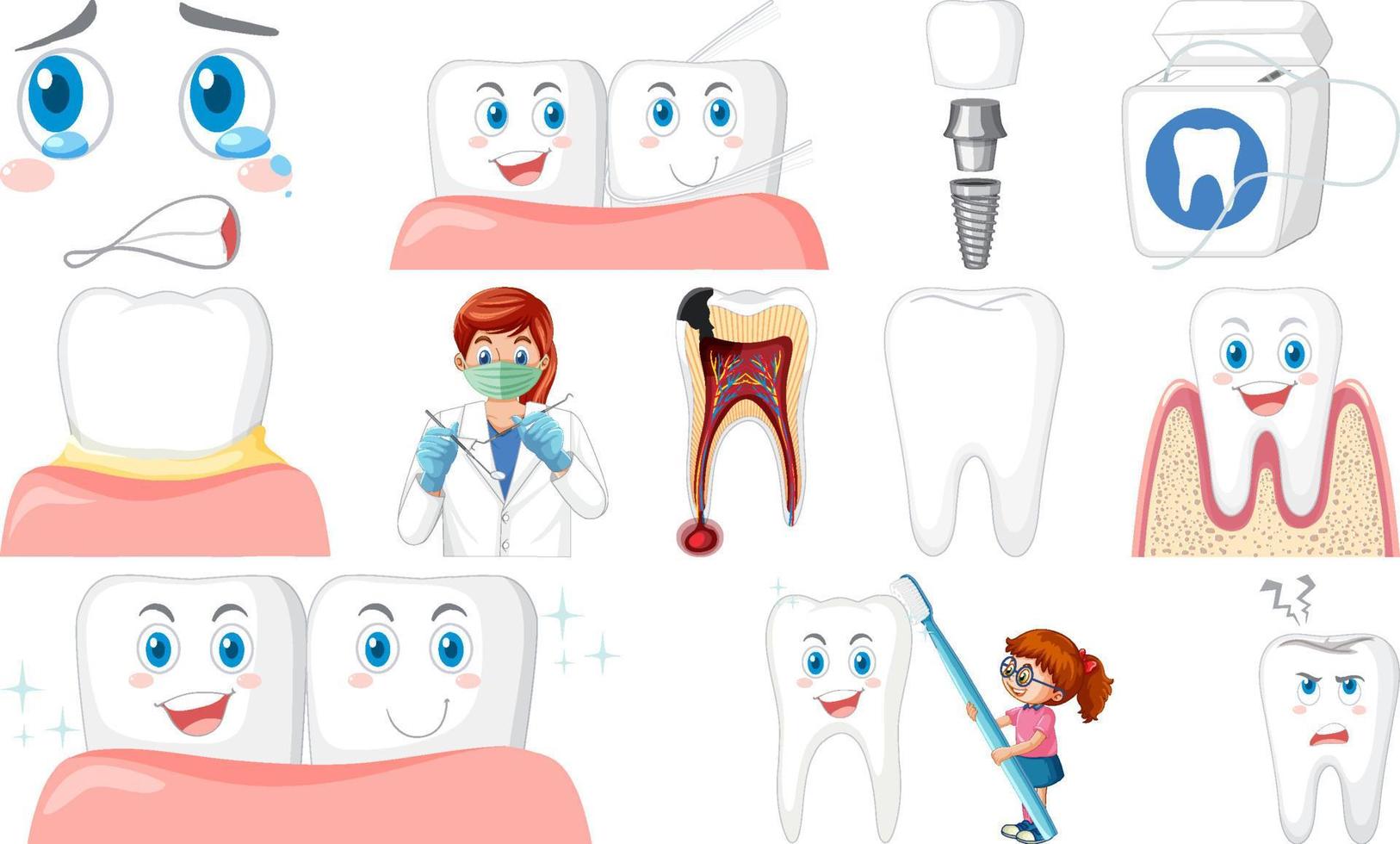 Set of dental equipments and cartoon characters vector