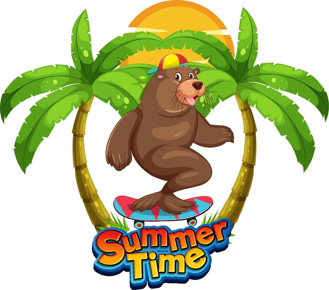 Sea lion cartoon character with summer time word vector