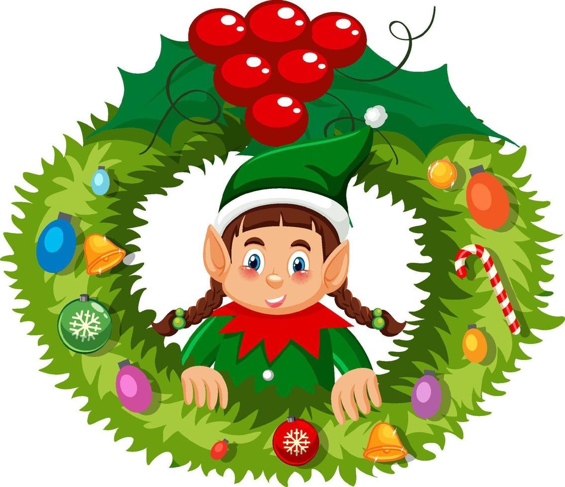 Elf Christmas wreath in cartoon style vector