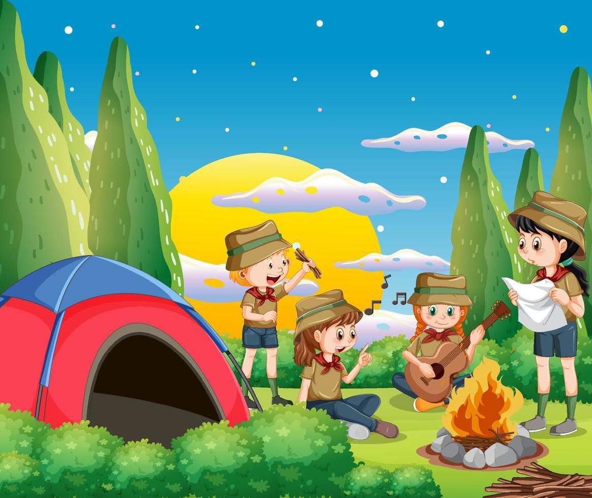 escena al aire libre con niños acampando vector