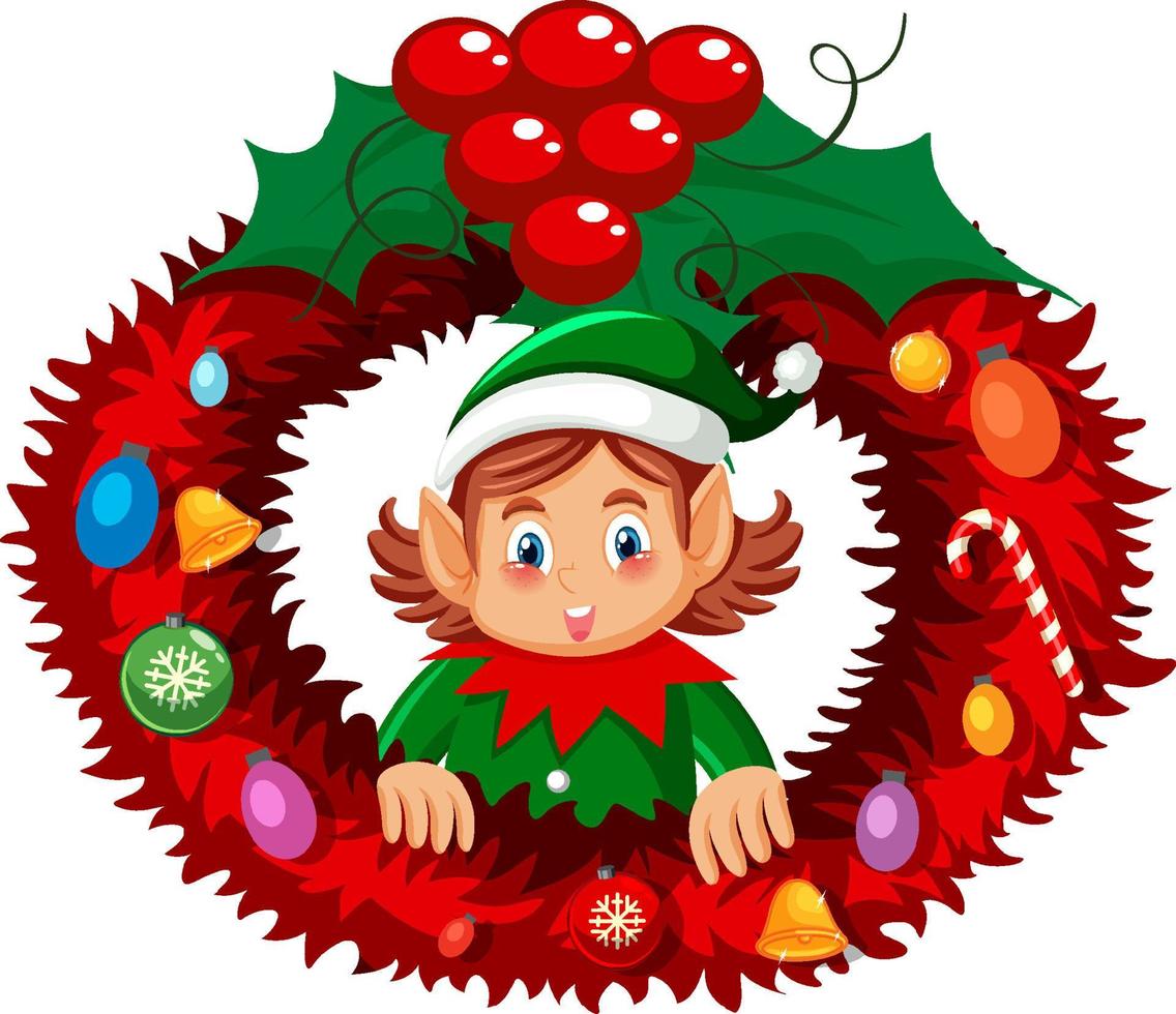 Elf Christmas wreath in cartoon style vector