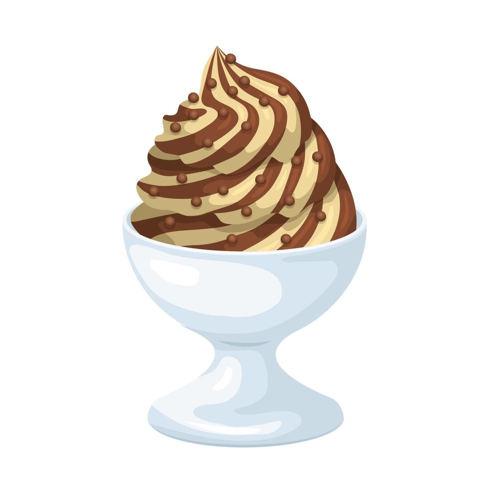 Vanilla ice cream with chocolate sauce in bowl vector