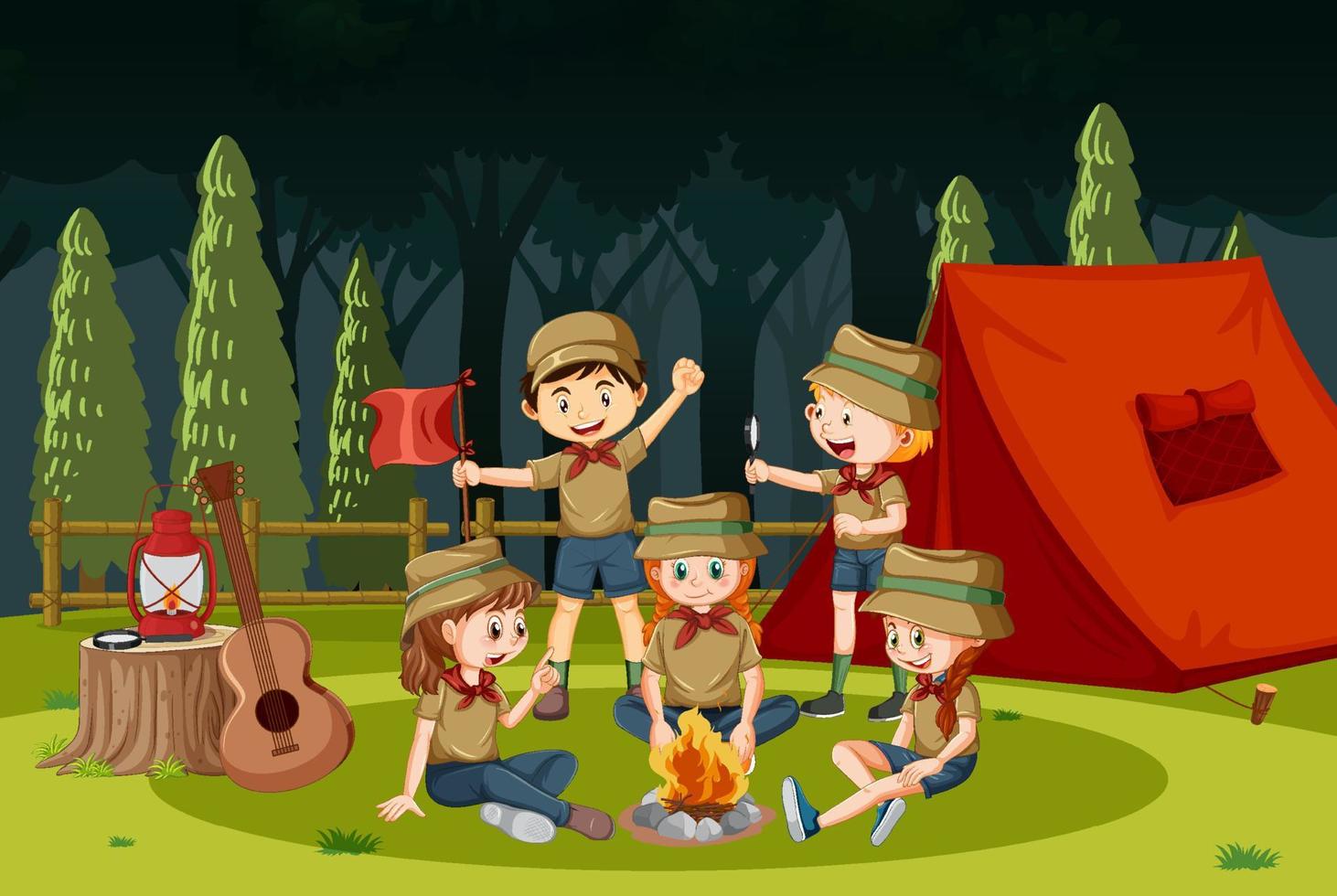 acampar al aire libre con niños exploradores vector