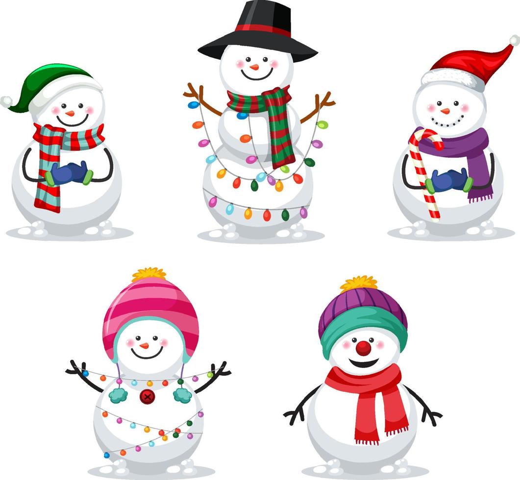 conjunto de personajes de dibujos animados de muñeco de nieve de navidad vector