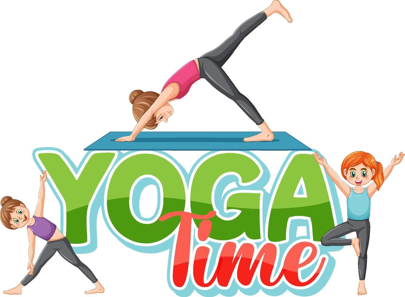 Yoga text design with girls doing yoga vector