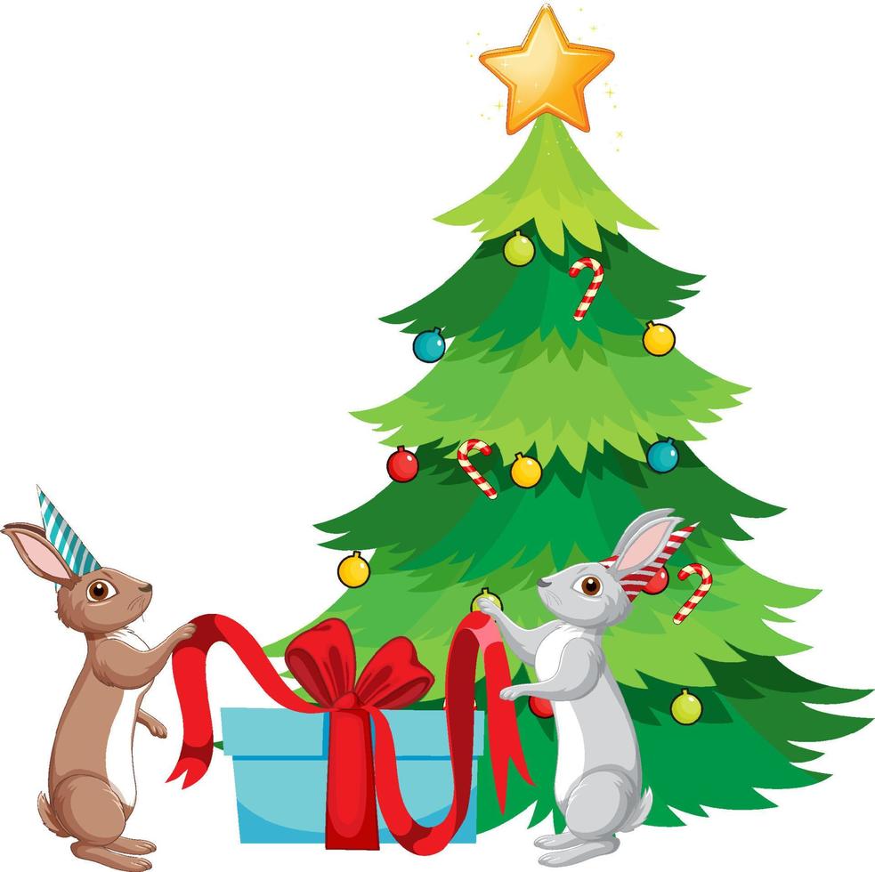 árbol de navidad con lindo conejo vector