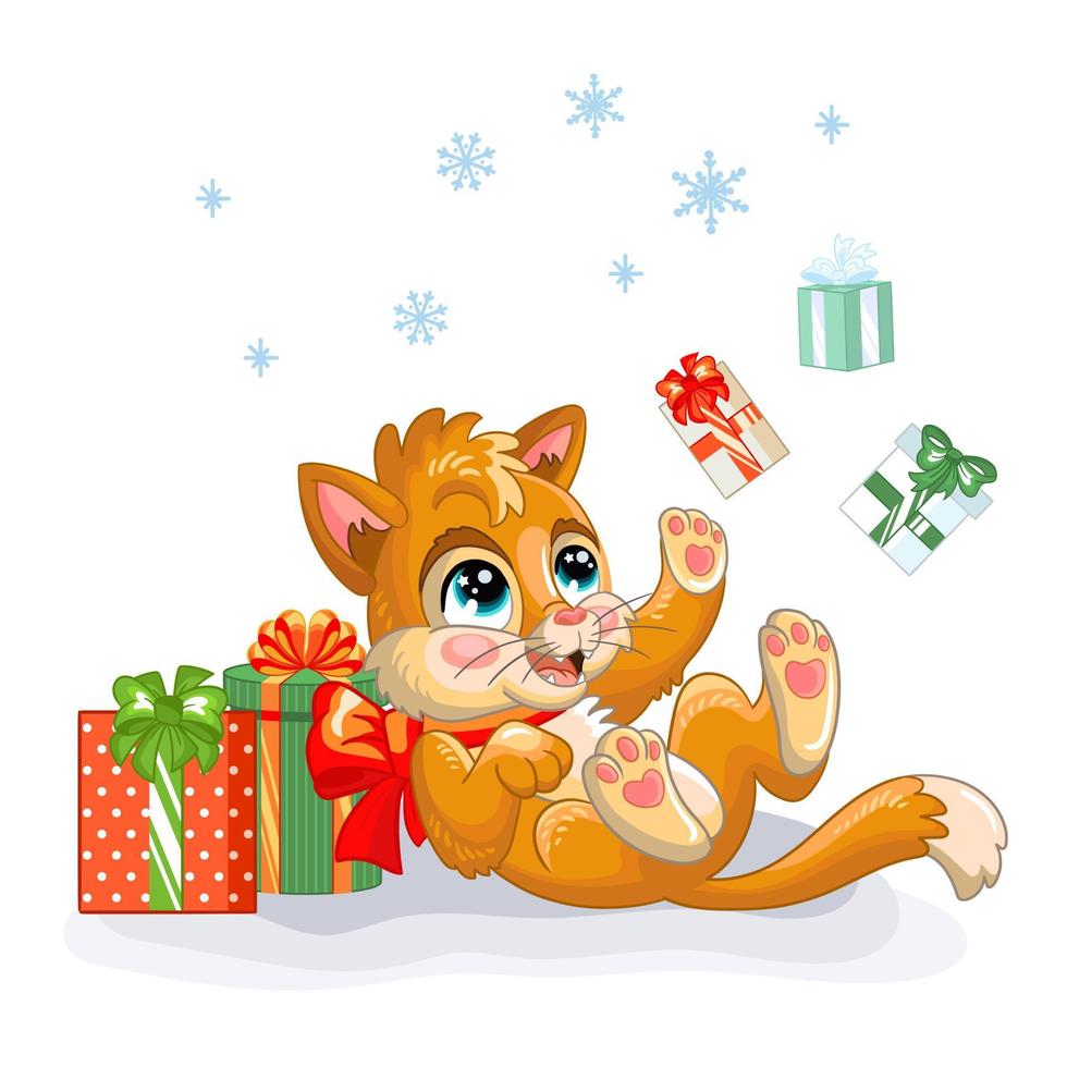 Navidad lindo gatito rojo jugar con regalos ilustración vectorial vector